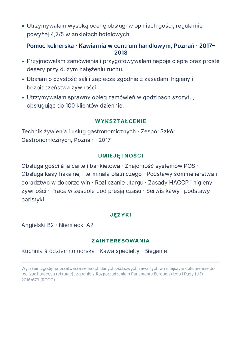 Wzór CV — Kelner / kelnerka — strona 2