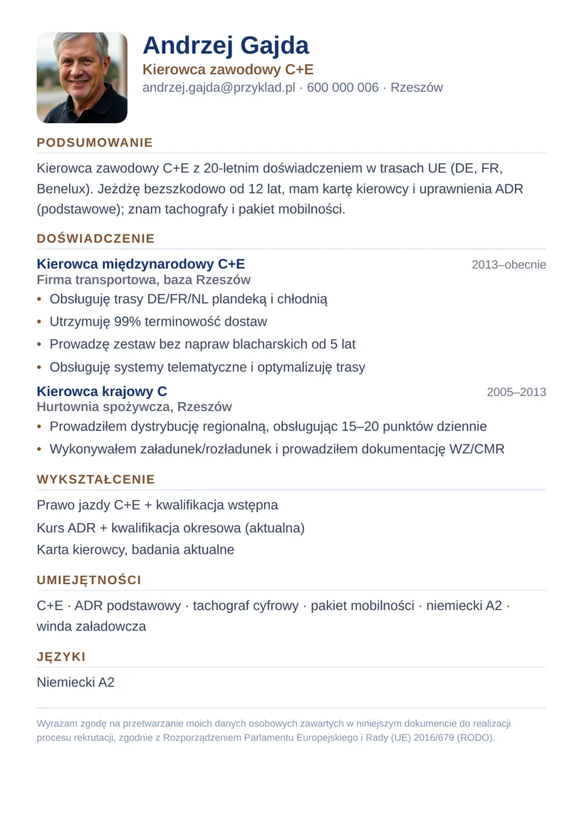Wzór CV — Kierowca C+E (transport międzynarodowy) — strona 1