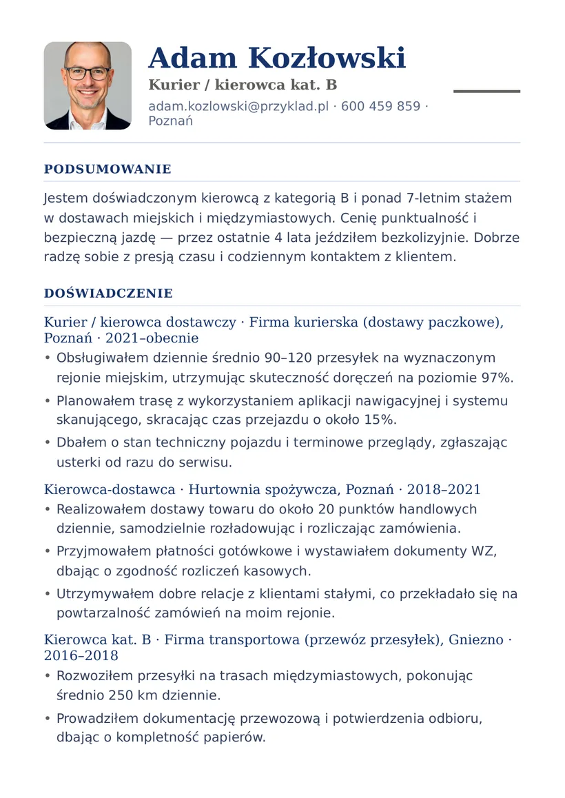 Wzór CV — Kurier / kierowca kat. B — strona 1