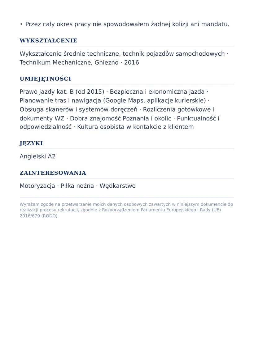Wzór CV — Kurier / kierowca kat. B — strona 2