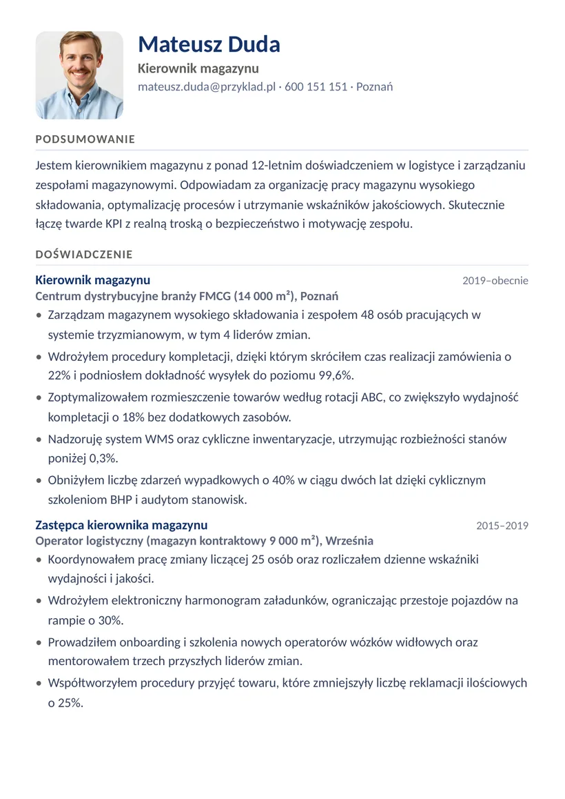 Wzór CV — Kierownik magazynu — strona 1