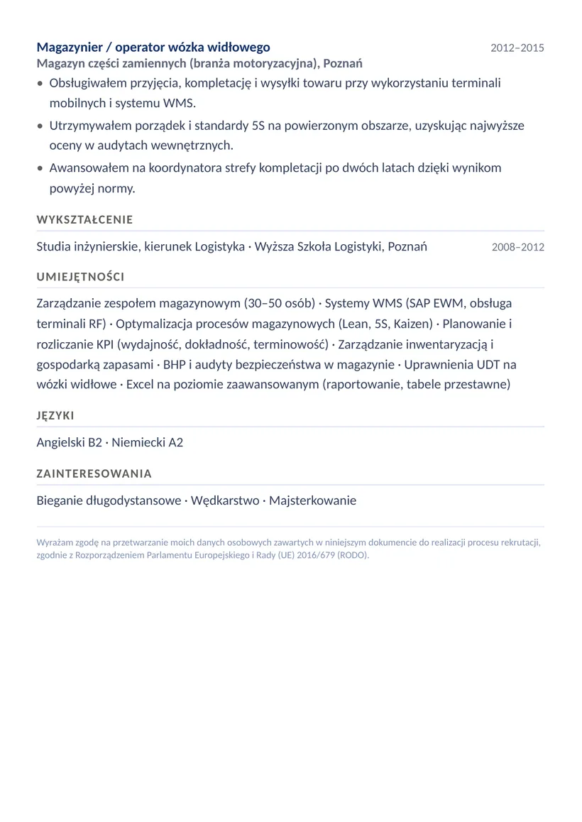 Wzór CV — Kierownik magazynu — strona 2