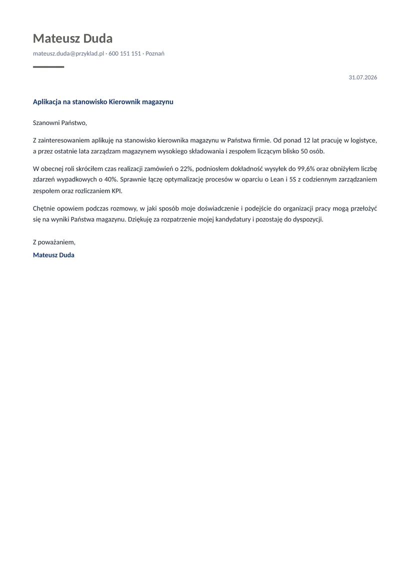 Wzór listu motywacyjnego — Kierownik magazynu