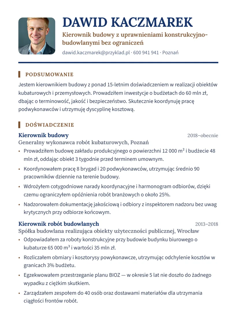 Wzór CV — Kierownik budowy — strona 1