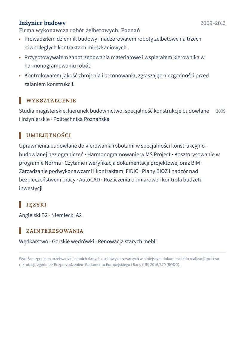 Wzór CV — Kierownik budowy — strona 2