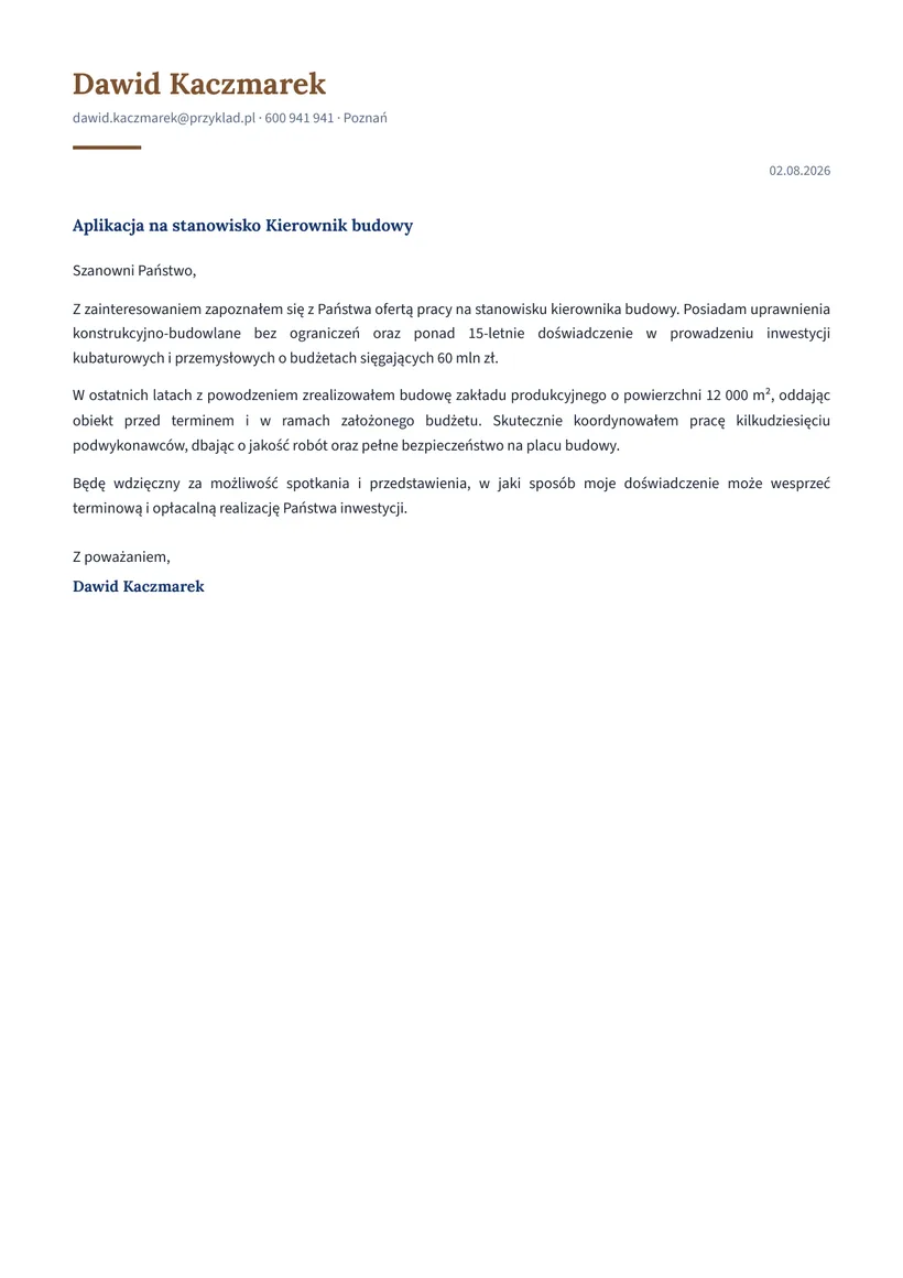 Wzór listu motywacyjnego — Kierownik budowy