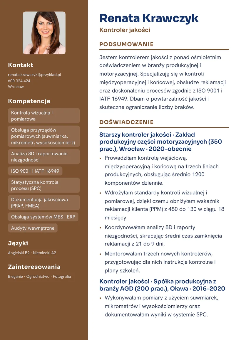 Wzór CV — Kontroler jakości — strona 1