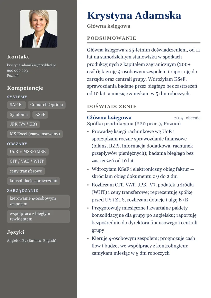 Wzór CV — Główna księgowa — strona 1
