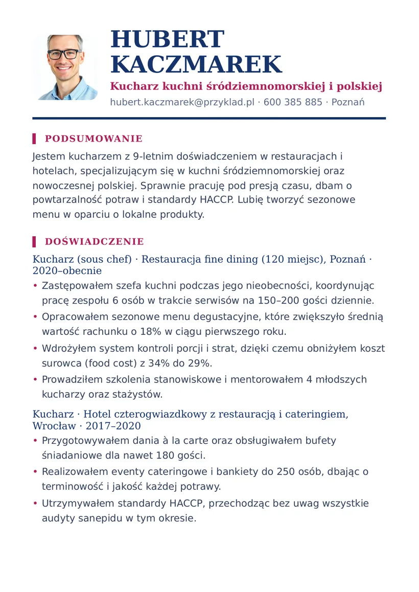 Wzór CV — Kucharz — strona 1