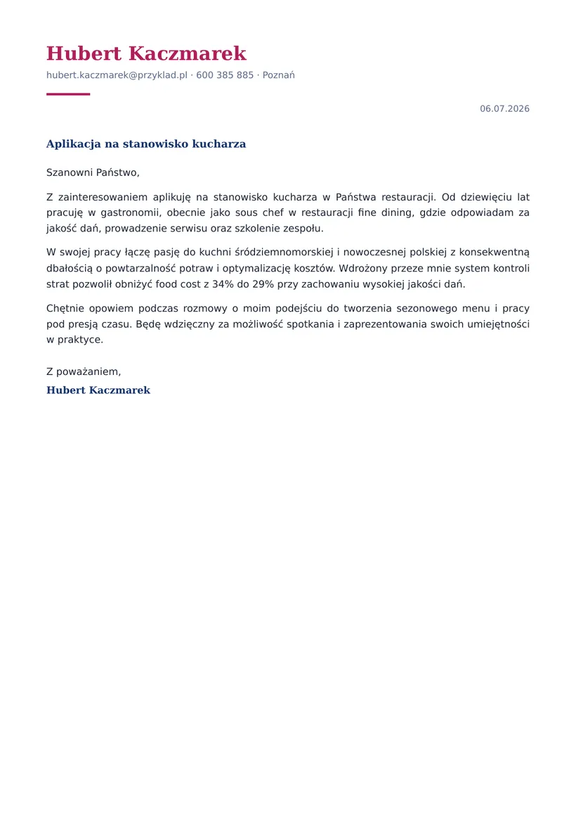 Wzór listu motywacyjnego — Kucharz
