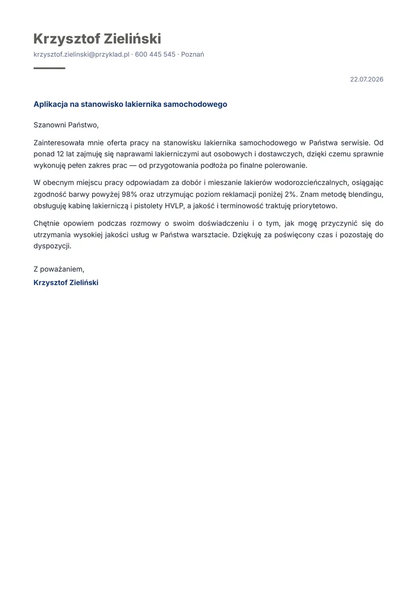Wzór listu motywacyjnego — Lakiernik samochodowy