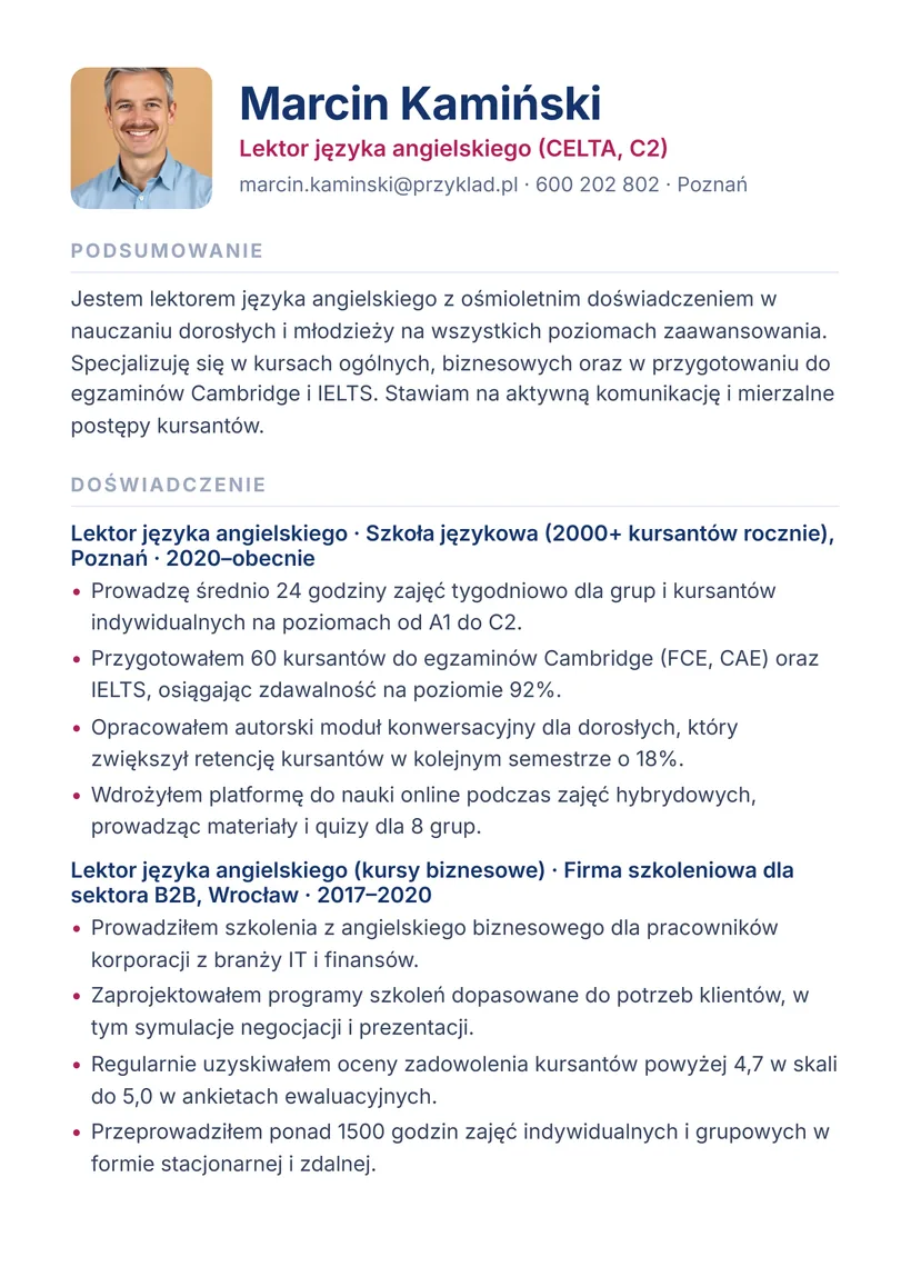 Wzór CV — Lektor języka angielskiego — strona 1