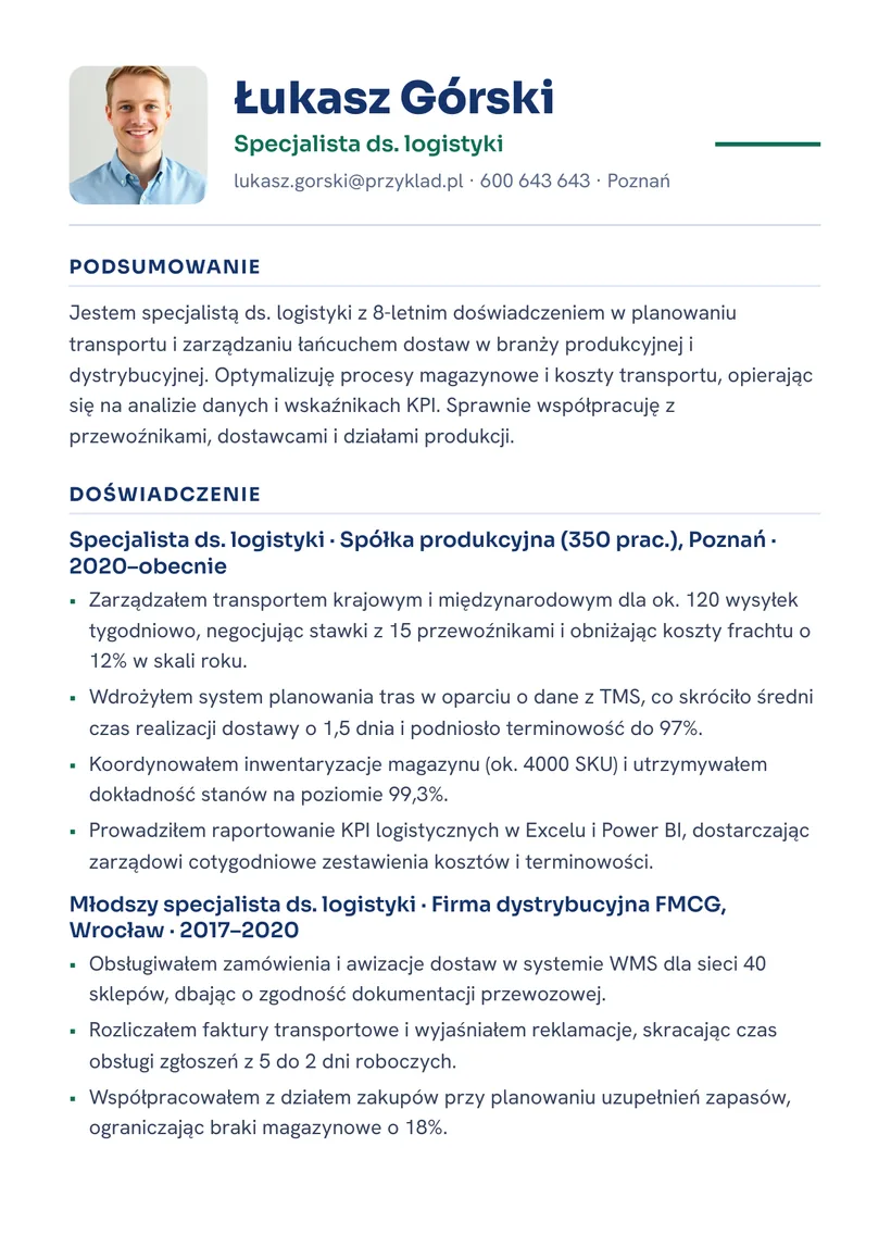 Wzór CV — Specjalista ds. logistyki — strona 1