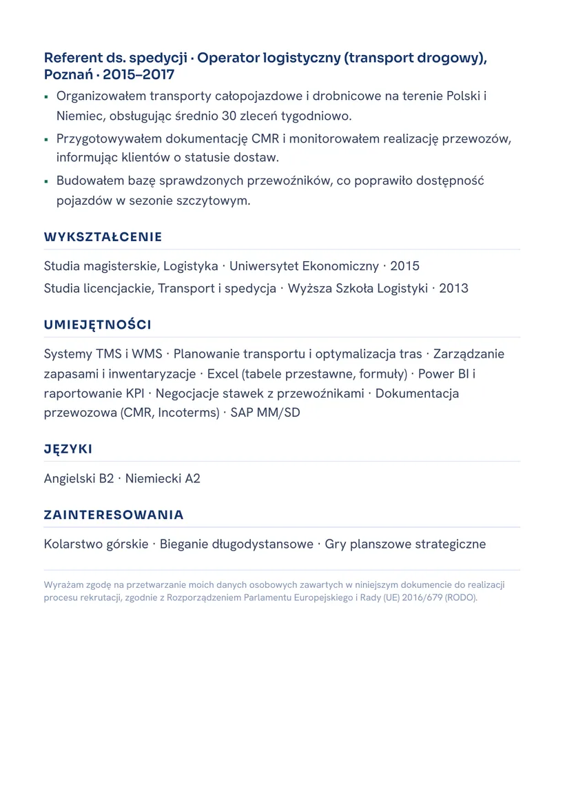 Wzór CV — Specjalista ds. logistyki — strona 2