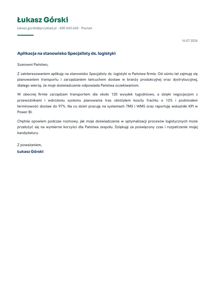 Wzór listu motywacyjnego — Specjalista ds. logistyki