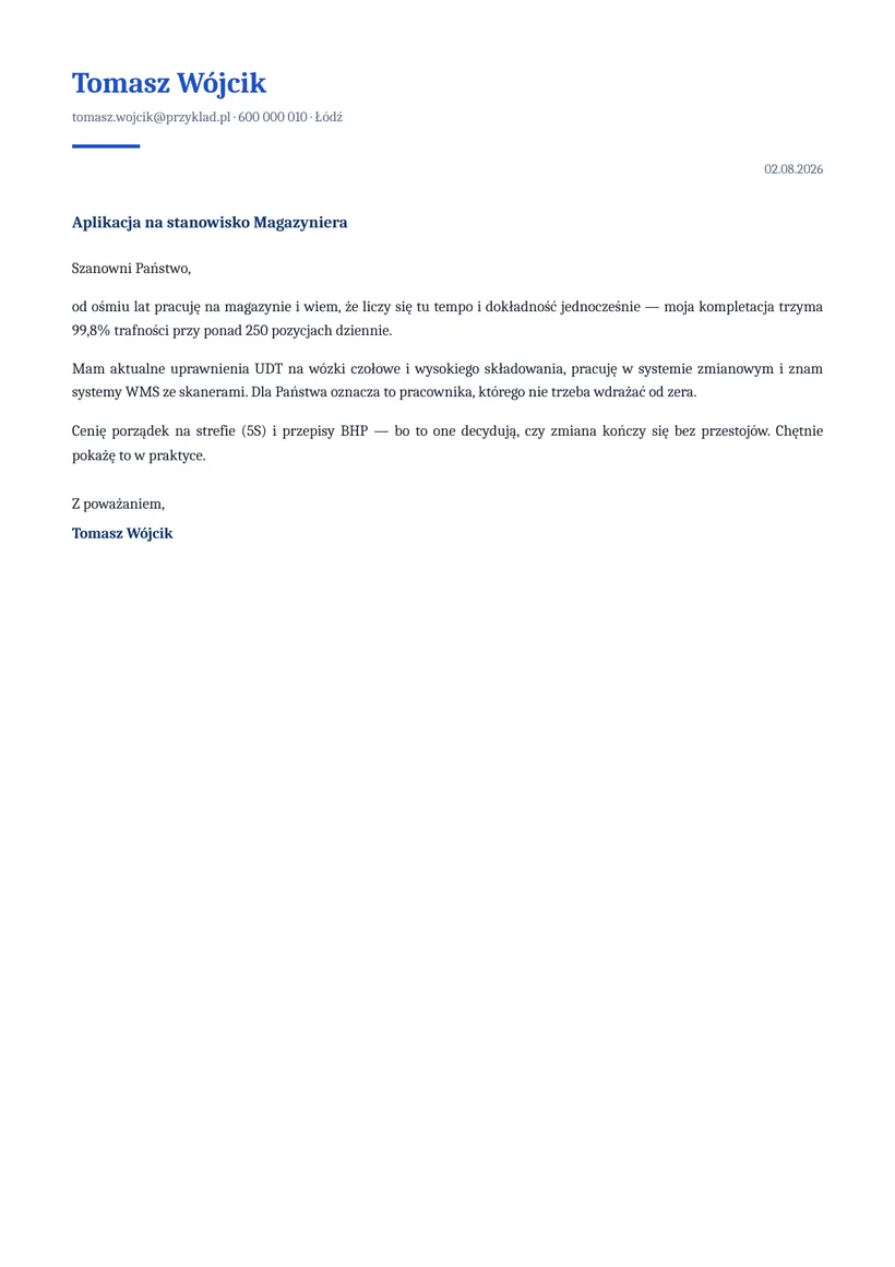 Wzór listu motywacyjnego — Magazynier (operator wózków widłowych)