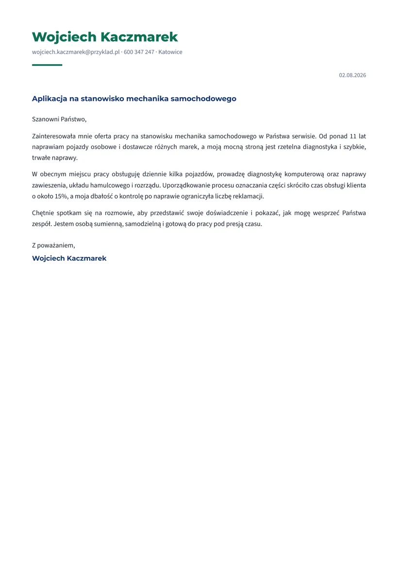 Wzór listu motywacyjnego — Mechanik samochodowy
