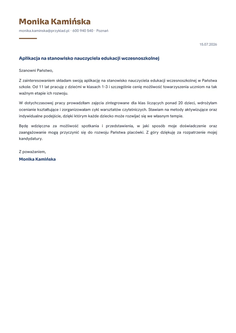 Wzór listu motywacyjnego — Nauczyciel (edukacja wczesnoszkolna)