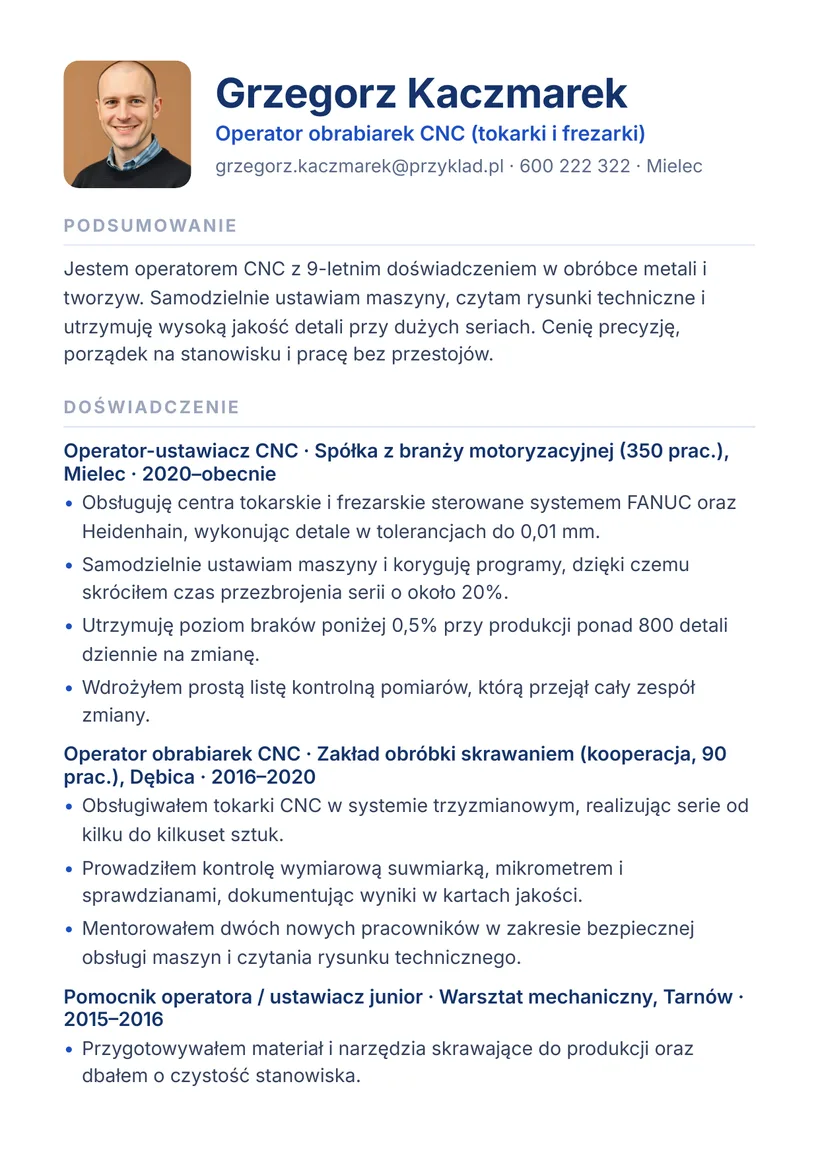 Wzór CV — Operator obrabiarek CNC — strona 1