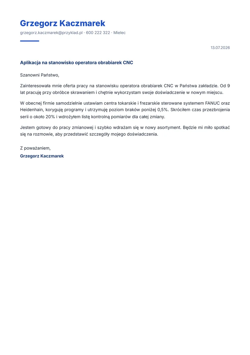 Wzór listu motywacyjnego — Operator obrabiarek CNC
