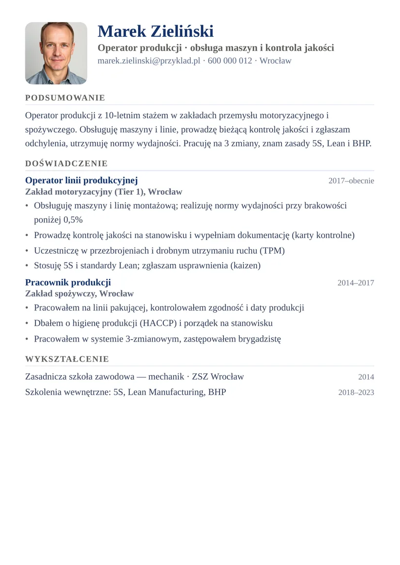 Wzór CV — Operator / pracownik produkcji — strona 1