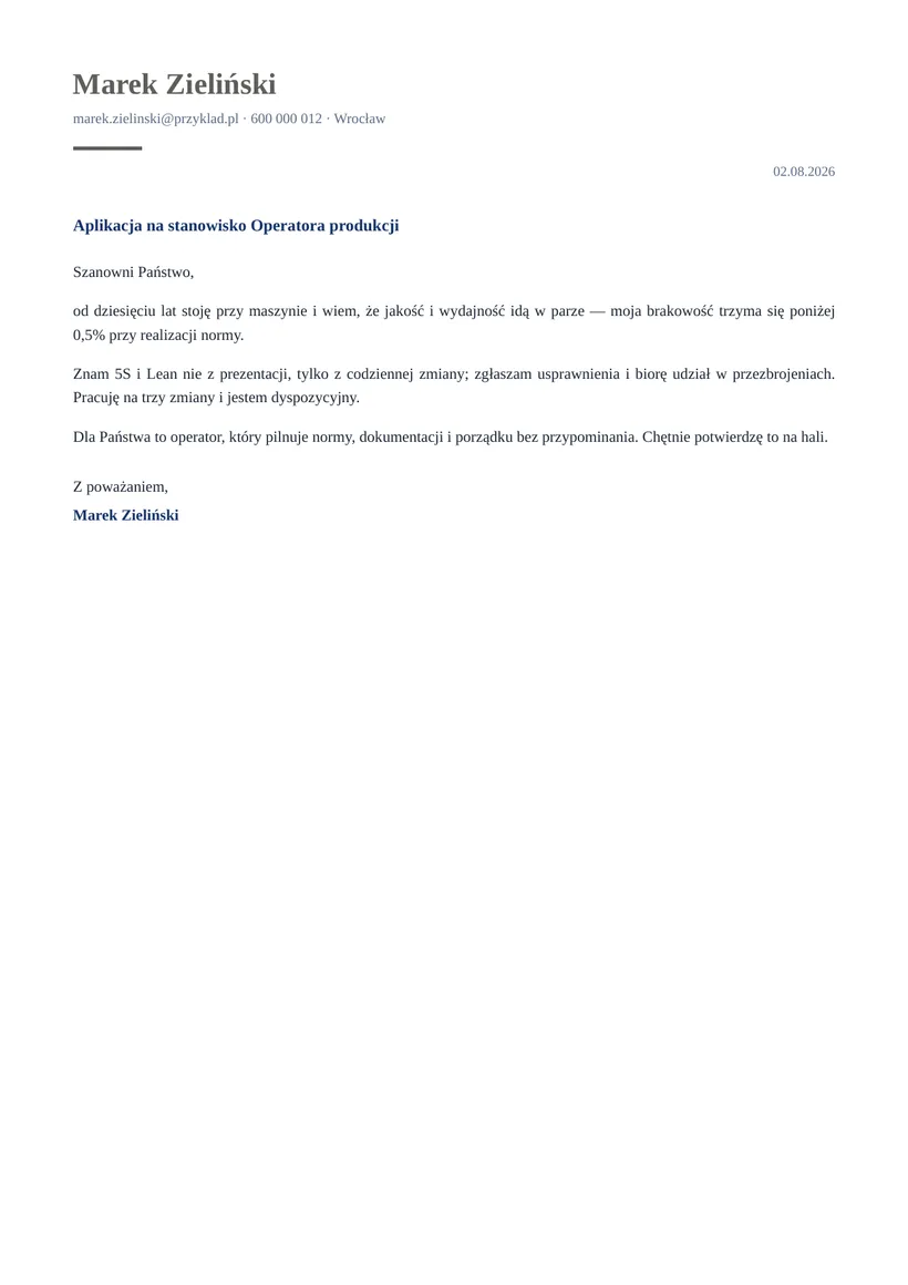 Wzór listu motywacyjnego — Operator / pracownik produkcji