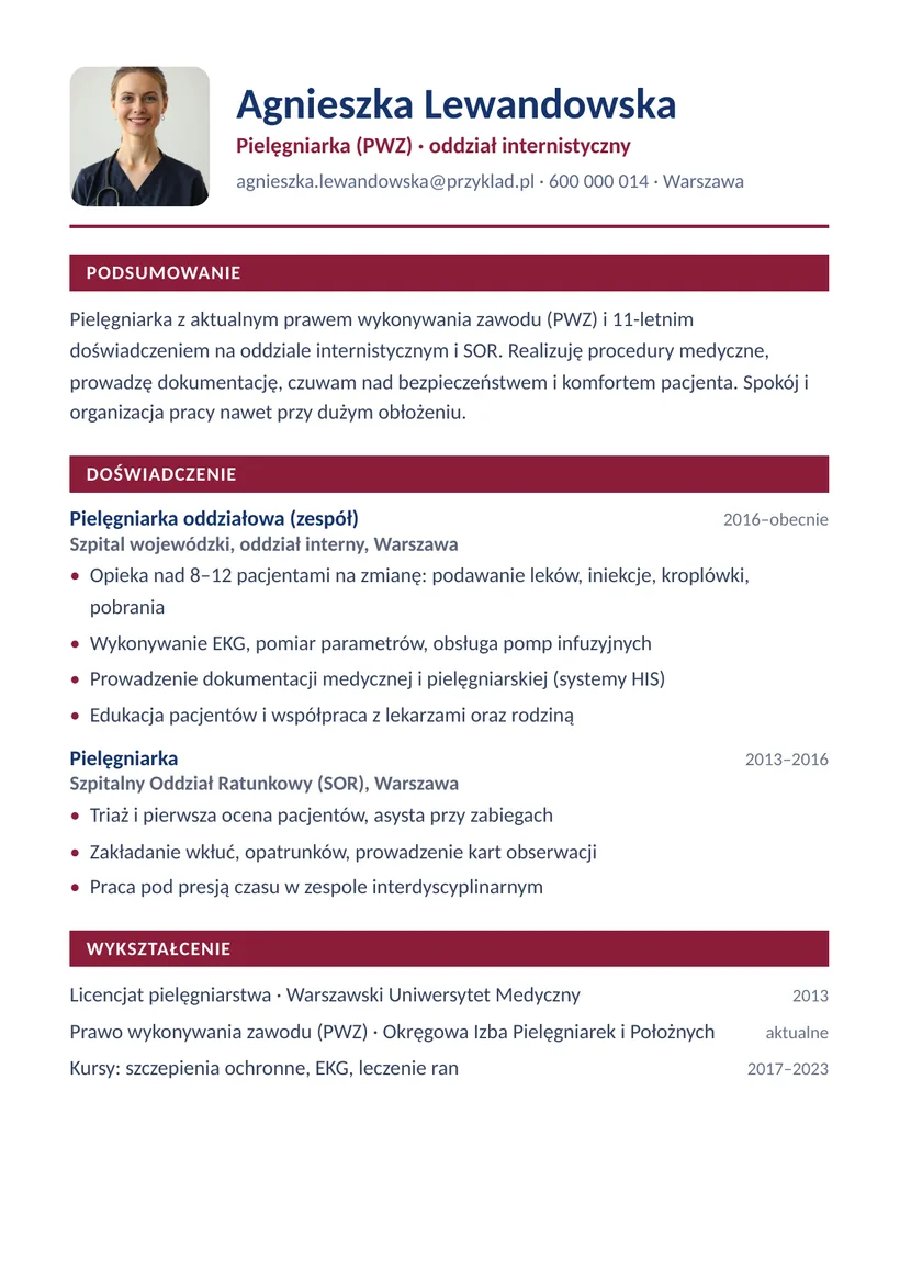 Wzór CV — Pielęgniarka — strona 1