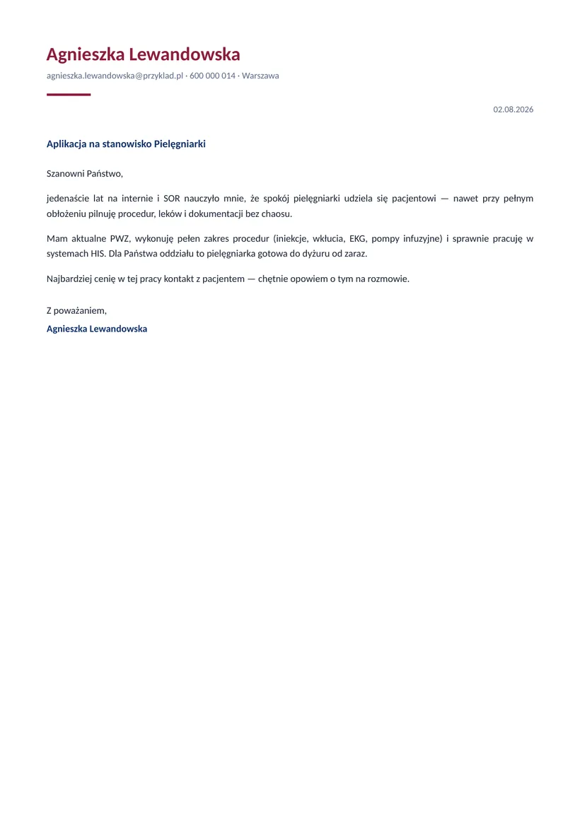 Wzór listu motywacyjnego — Pielęgniarka