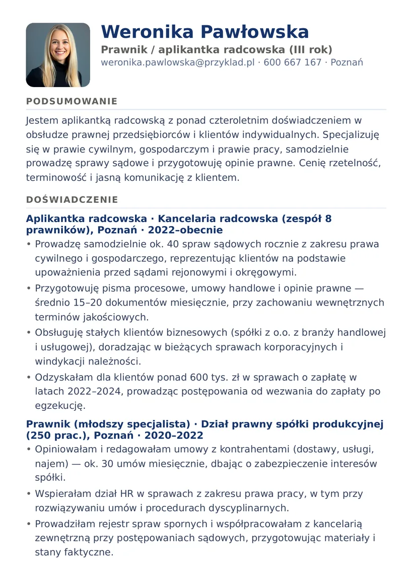 Wzór CV — Prawnik / aplikant radcowski — strona 1