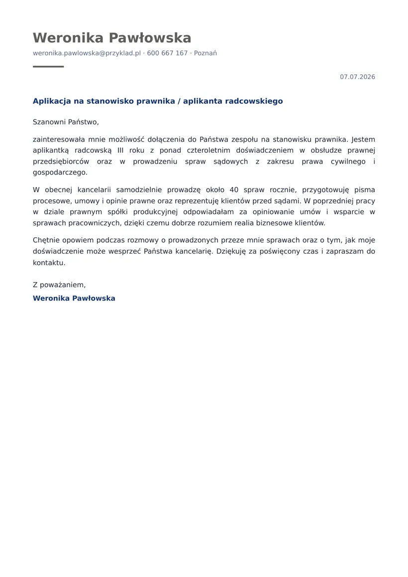 Wzór listu motywacyjnego — Prawnik / aplikant radcowski