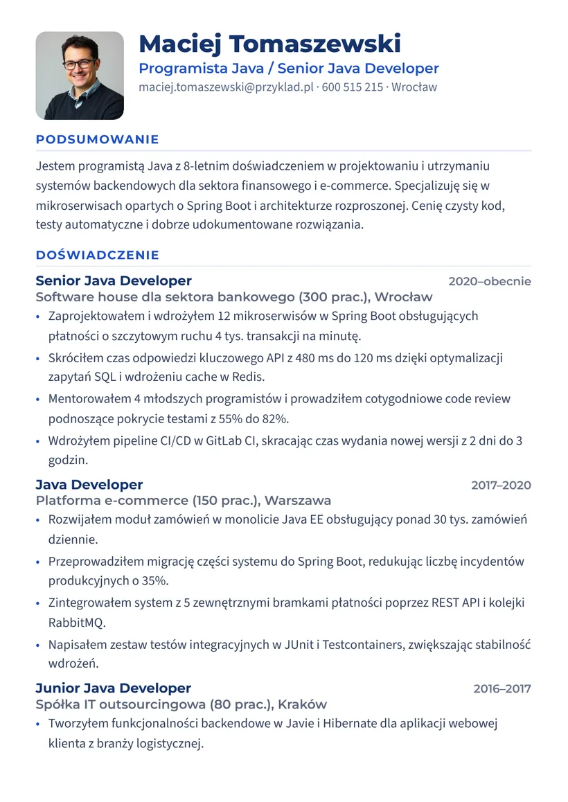 Wzór CV — Programista Java — strona 1