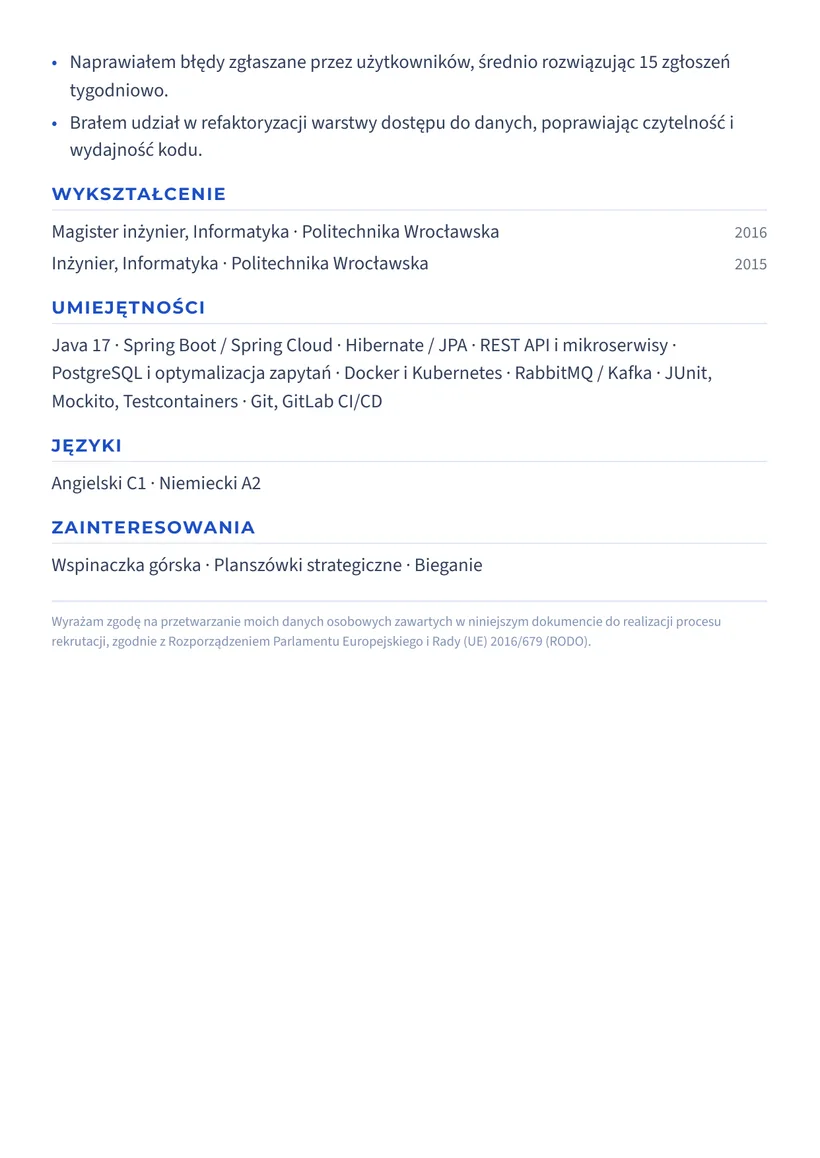 Wzór CV — Programista Java — strona 2