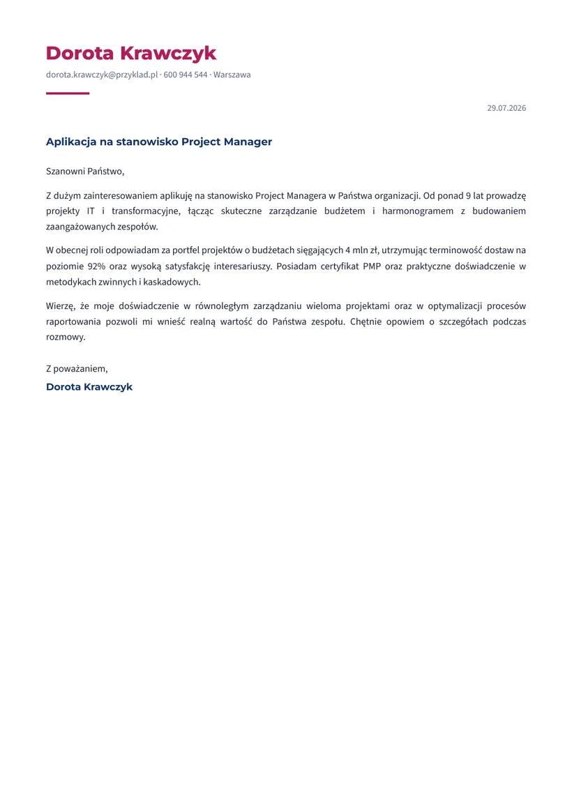 Wzór listu motywacyjnego — Project Manager