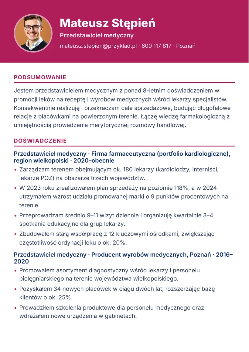 Wzór CV — Przedstawiciel medyczny — strona 1