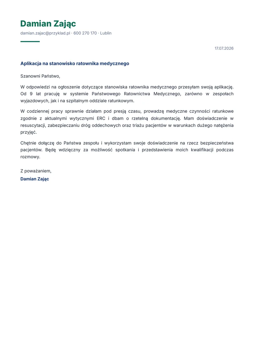 Wzór listu motywacyjnego — Ratownik medyczny