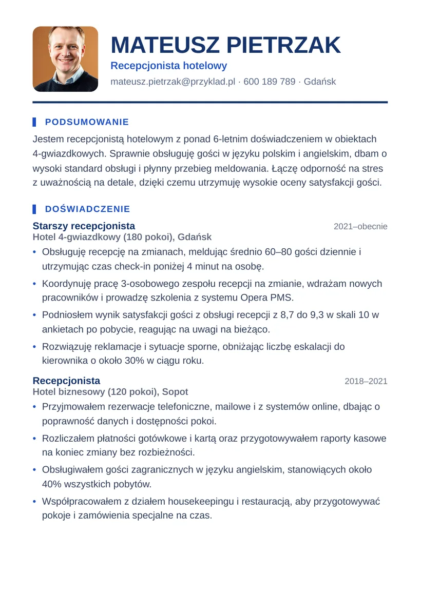 Wzór CV — Recepcjonista hotelowy — strona 1