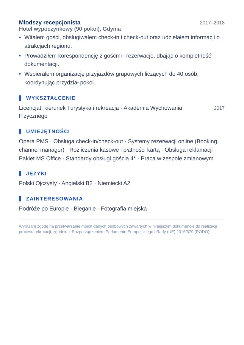 Wzór CV — Recepcjonista hotelowy — strona 2