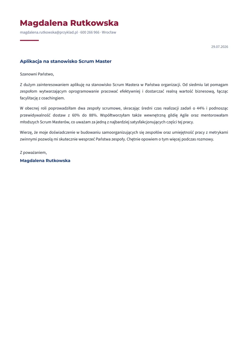 Wzór listu motywacyjnego — Scrum Master