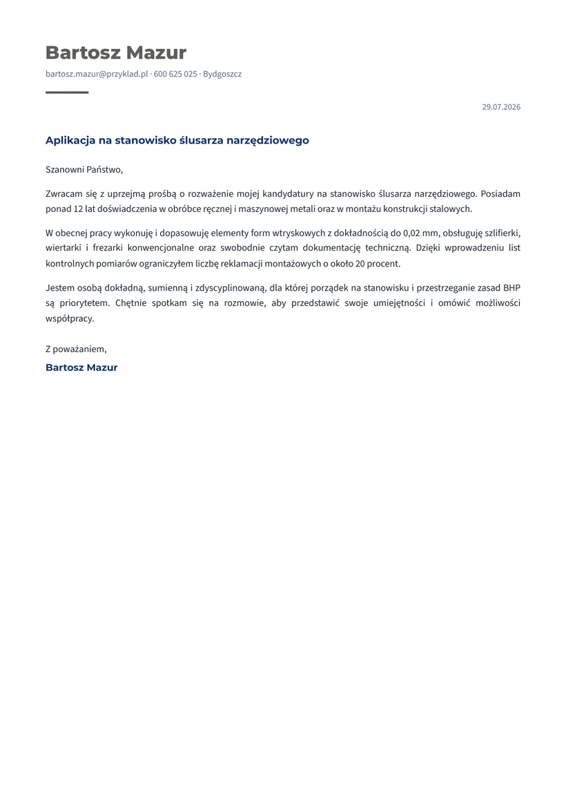 Wzór listu motywacyjnego — Ślusarz