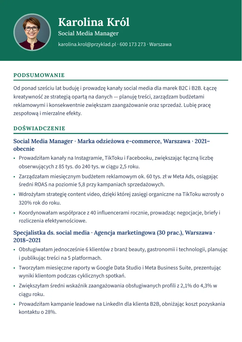 Wzór CV — Social Media Manager — strona 1
