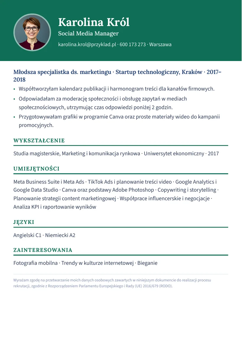 Wzór CV — Social Media Manager — strona 2