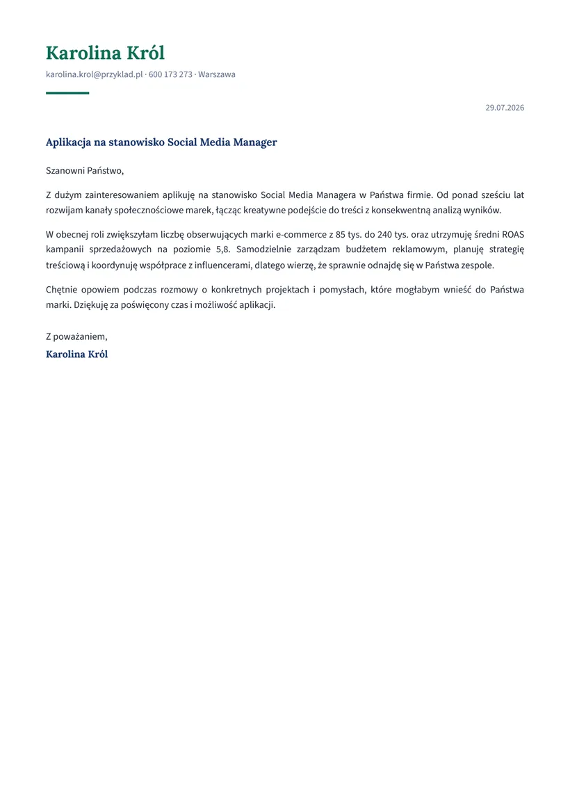 Wzór listu motywacyjnego — Social Media Manager