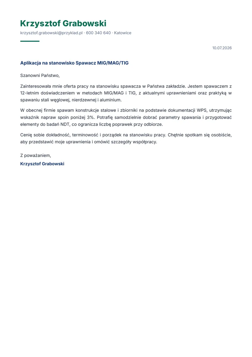 Wzór listu motywacyjnego — Spawacz (MIG/MAG/TIG)