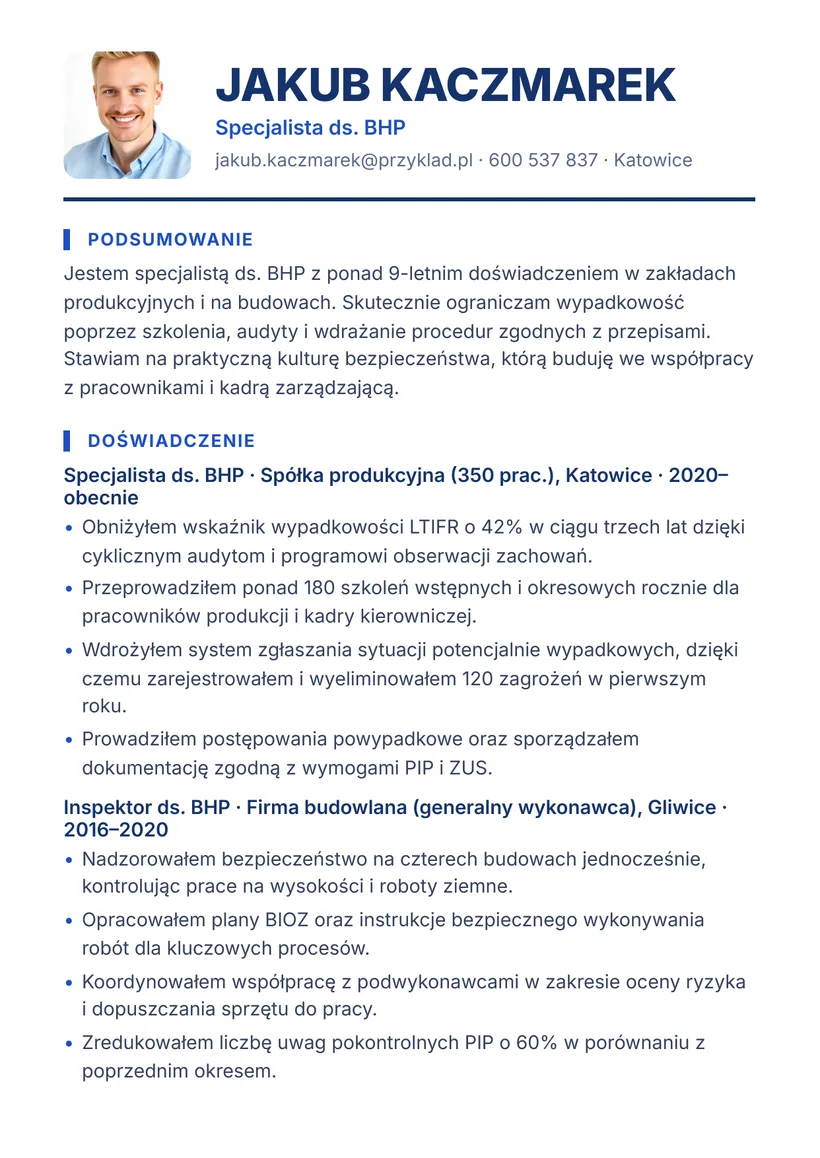 Wzór CV — Specjalista ds. BHP — strona 1