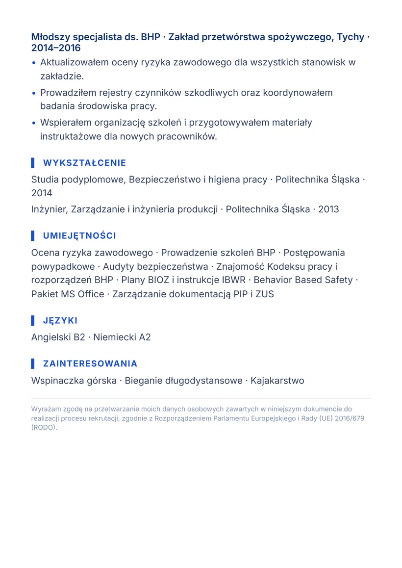 Wzór CV — Specjalista ds. BHP — strona 2