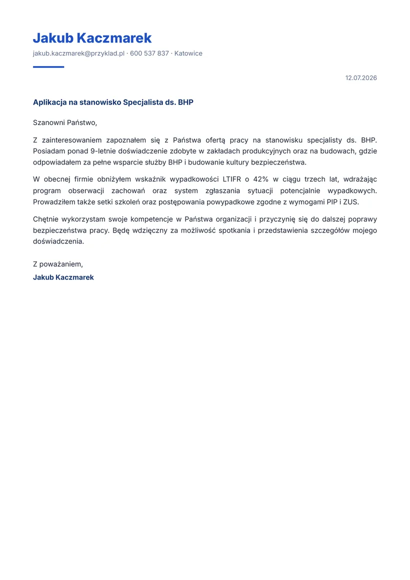 Wzór listu motywacyjnego — Specjalista ds. BHP