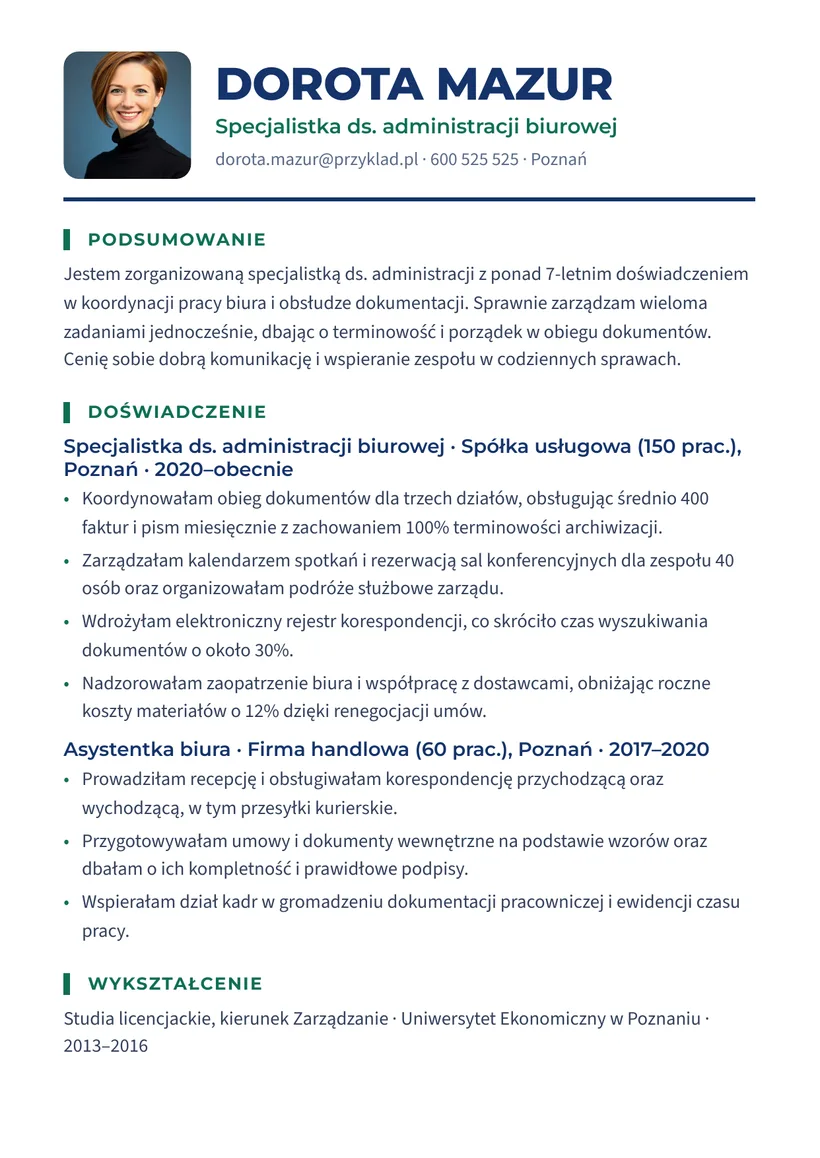 Wzór CV — Specjalista ds. administracji biurowej — strona 1