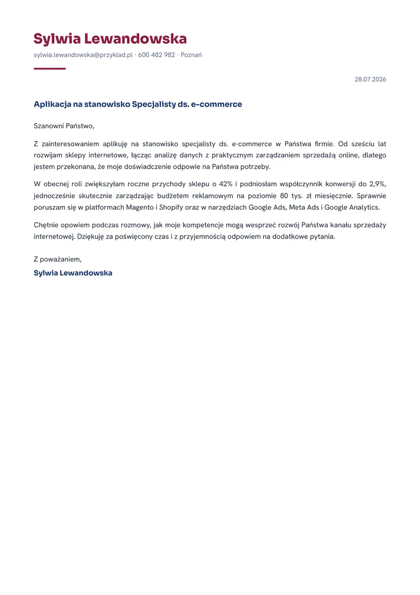 Wzór listu motywacyjnego — Specjalista ds. e-commerce