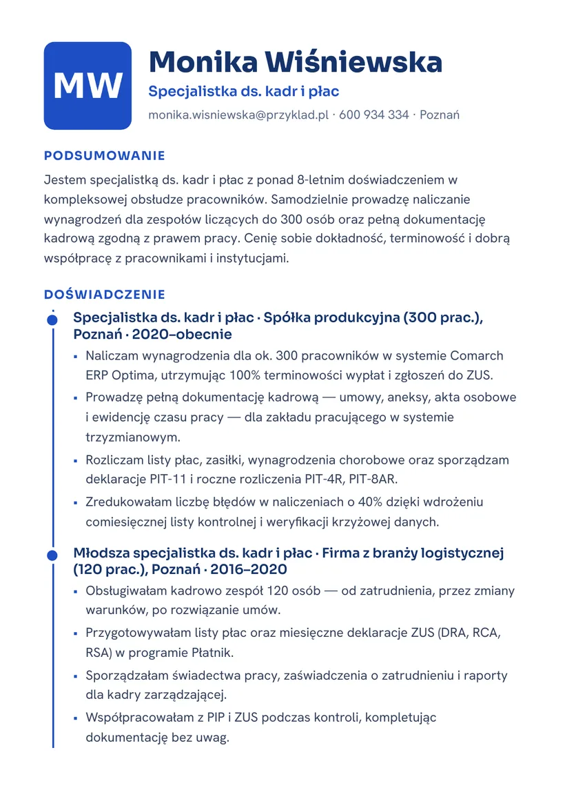 Wzór CV — Specjalista ds. kadr i płac — strona 1