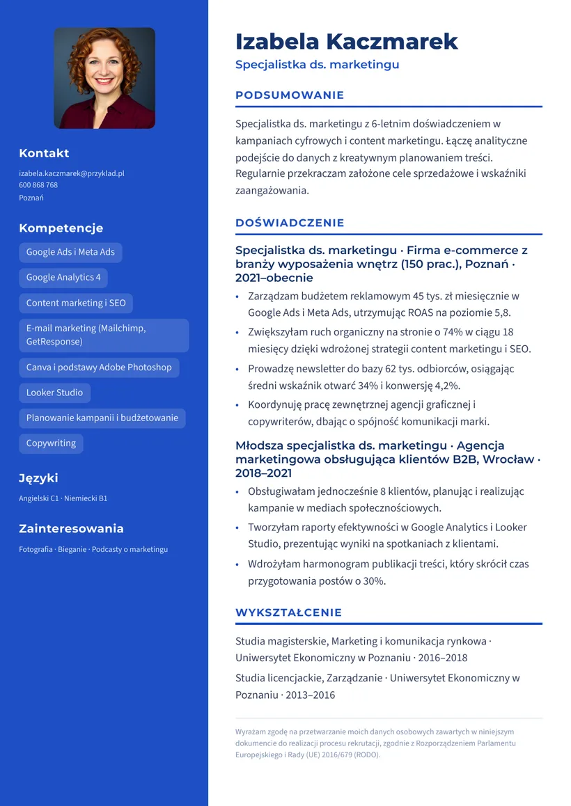 Wzór CV — Specjalista ds. marketingu — strona 1